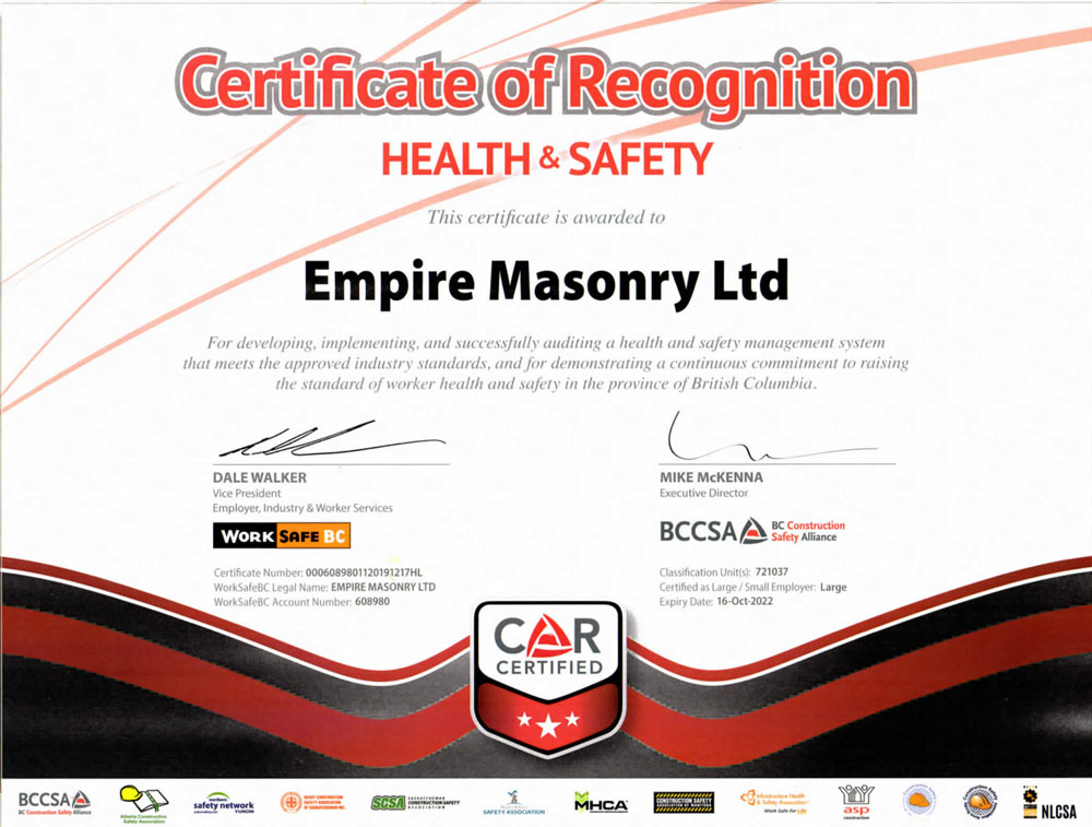 Certificate of Recognition for Health and Safety