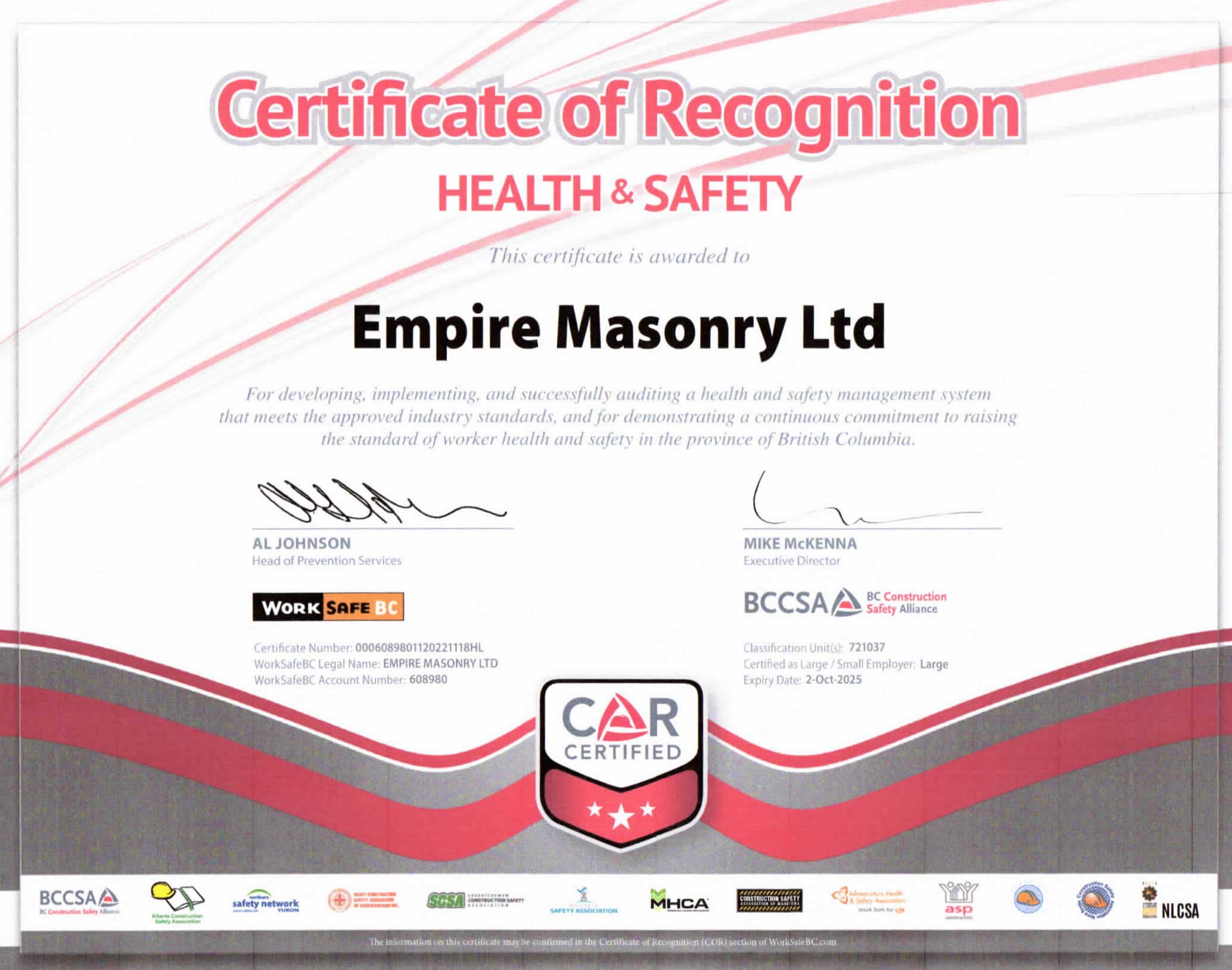 empire masonry certificate recognition health and safety